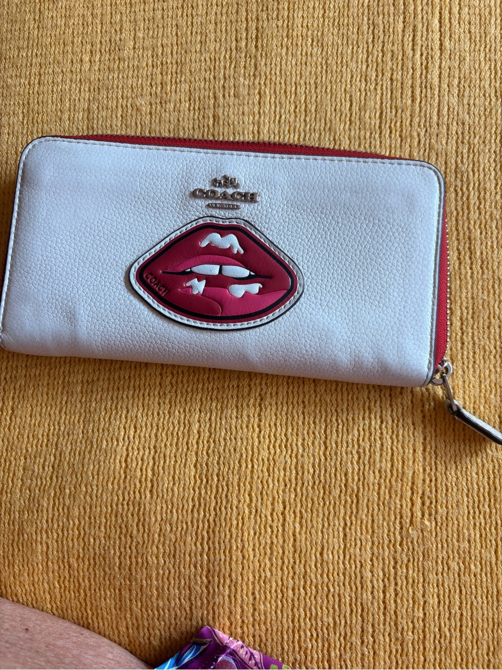 Coach White Leather Zip Wallet with Red Lip Patch and Red Trim